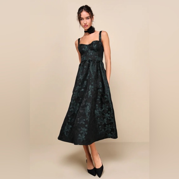 LULUS Dramatically Romantic Black Floral Jacquard Bustier Midi Dress ❤️NWT❤️